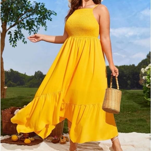 Plus Size Asymmetrical Smocked Cami Dress Yellow - Picture 6 of 6